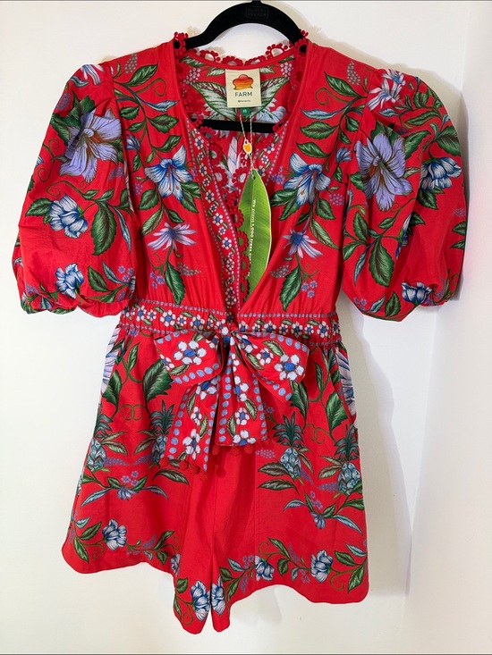 FARM Rio Pants - FARM Rio Red Floral Puff-Sleeve Romper with Tie Waist New With Tag